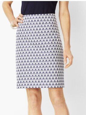 Talbots Womens Classic Cotton A-Line Skirt Fan Print Navy Blue White Size 4 New